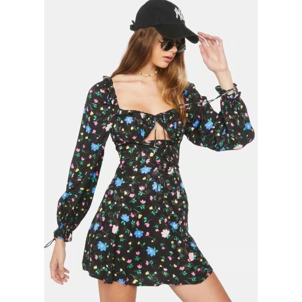 NWT For Love & Lemons Lexy Floral Long Sleeve Mini Dress Black Womens Size Small